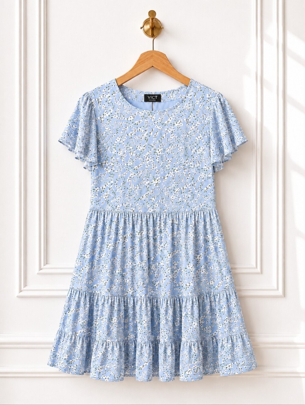 Doe & Rae | Blue Floral Tiered Mini Dress | Size Small | Flutter Sleeve Lined - Picture 4 of 7